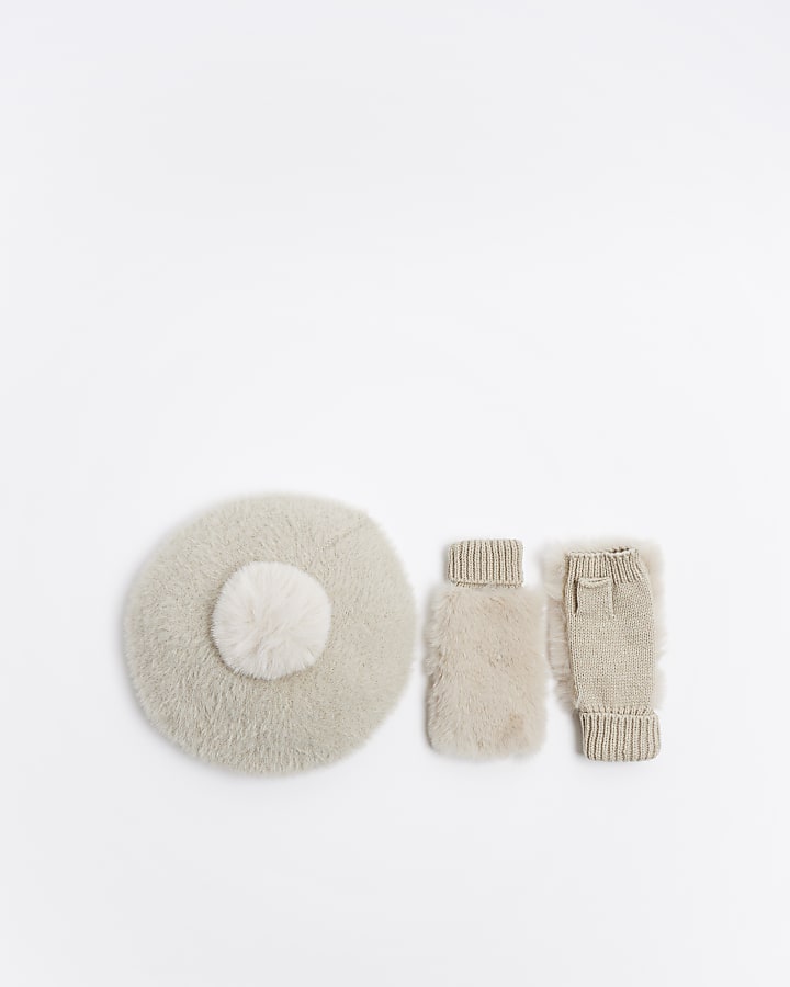 Girls Beige Faux Fur Beret And Mitten Set