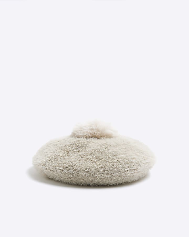 Girls Beige Faux Fur Beret And Mitten Set