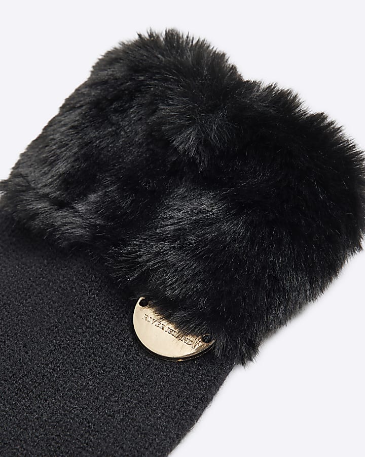 Girls Black Knitted Faux Fur Cuff Gloves