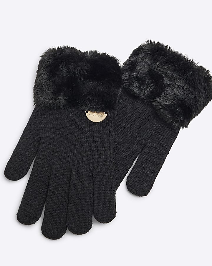 Girls Black Knitted Faux Fur Cuff Gloves