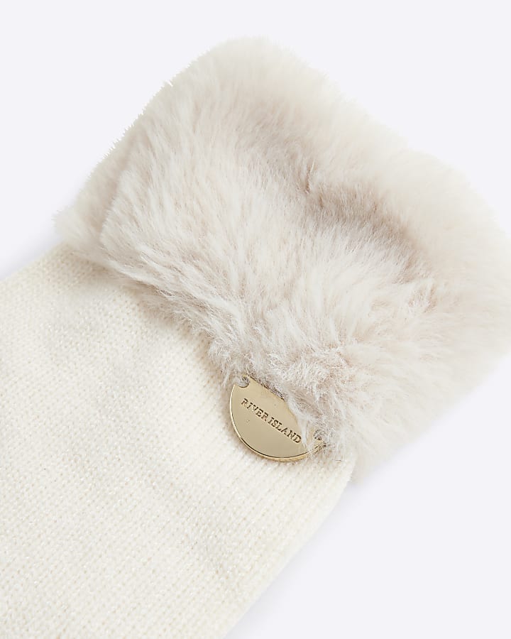 Girls Cream Faux Fur Cuff Knitted Gloves