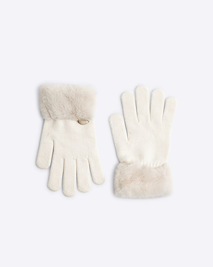 Girls Cream Faux Fur Cuff Knitted Gloves