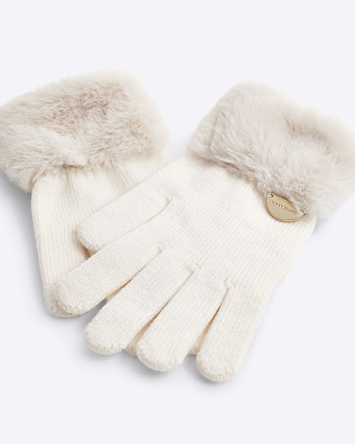 Girls Cream Faux Fur Cuff Knitted Gloves