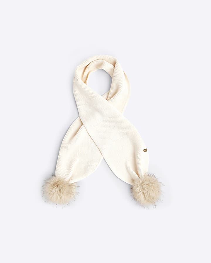 Girls Cream Pom Pom Knit Scarf