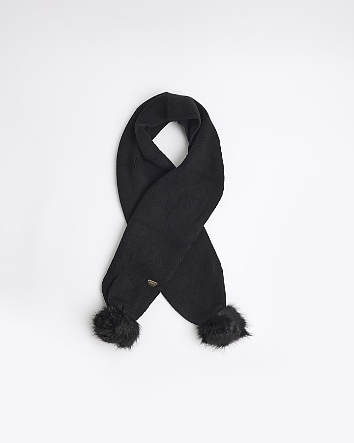 Girls Black Pom Pom Knit Scarf