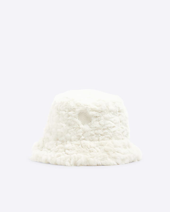 Girls Cream Faux Fur Bucket Hat