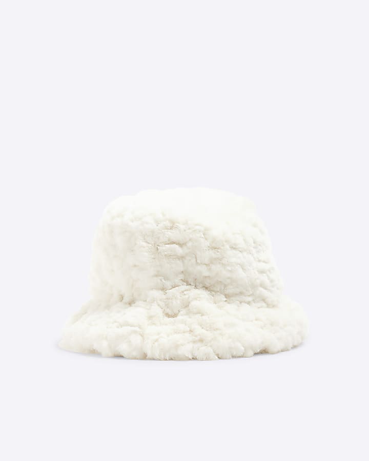 Girls Cream Faux Fur Bucket Hat