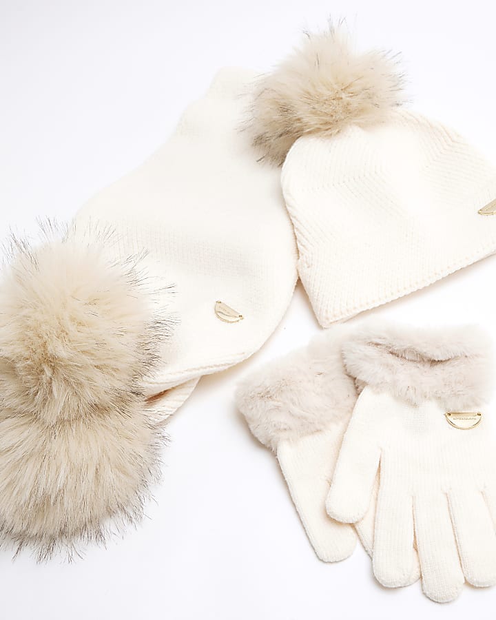 Girls Cream Beanie And Gloves Bundle