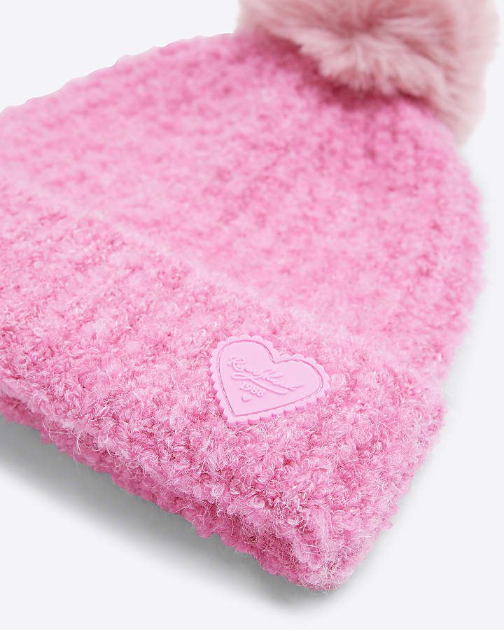 Girls Pink Boucle Pom Pom Beanie Hat