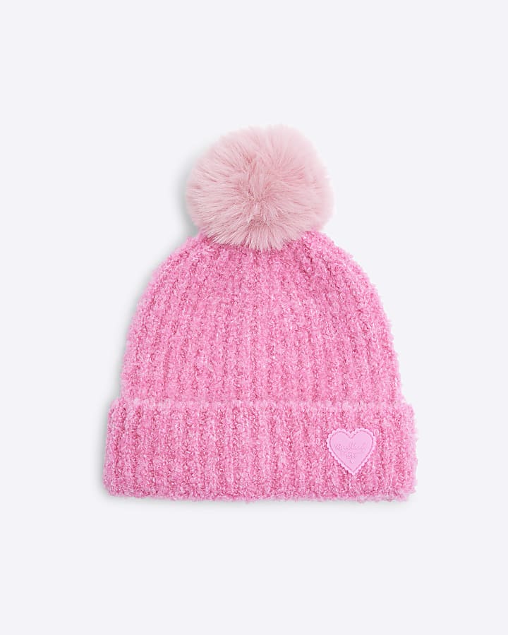 Girls Pink Boucle Pom Pom Beanie Hat