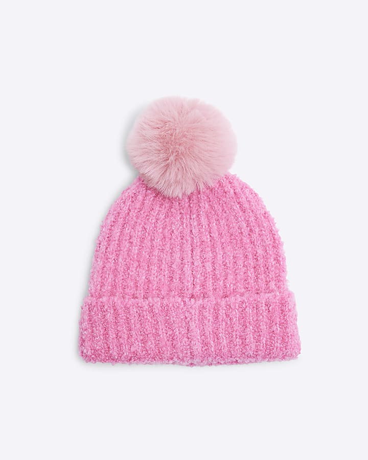 Girls Pink Boucle Pom Pom Beanie Hat