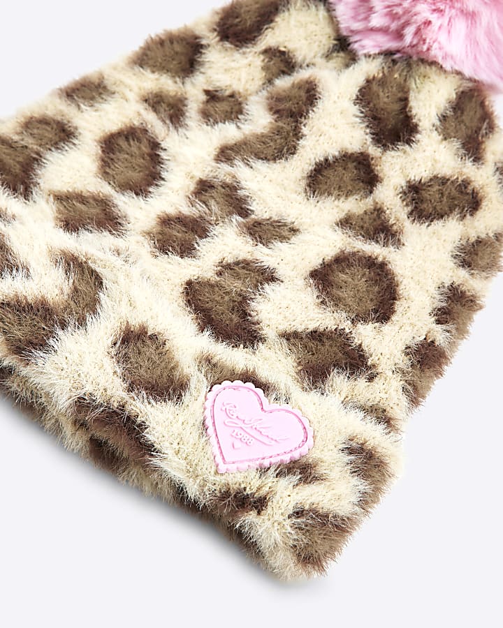 Girls Beige Leopard Pom Pom Beanie Hat