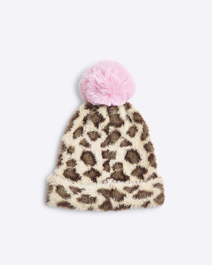 Girls Beige Leopard Pom Pom Beanie Hat