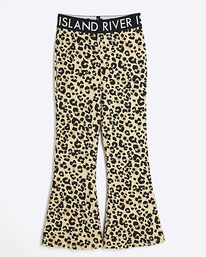 Girls brown leopard print flared leggings