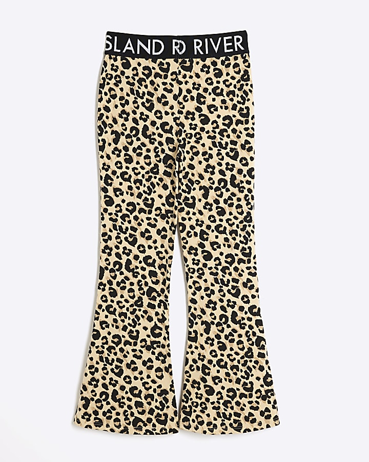 Girls brown leopard print flared leggings