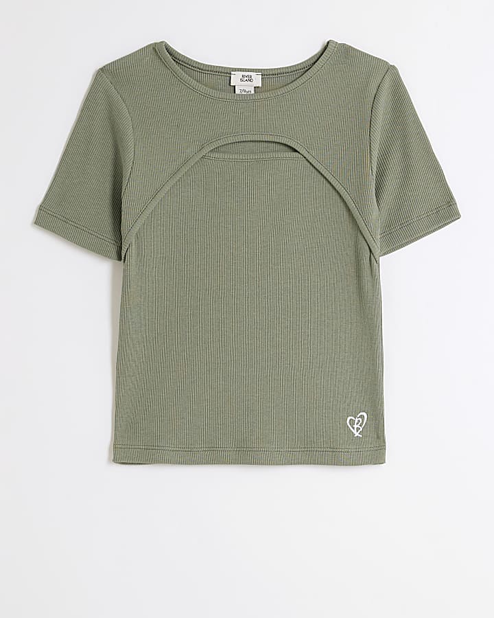 Girls Khaki Ribbed Cut Out T-Shirt