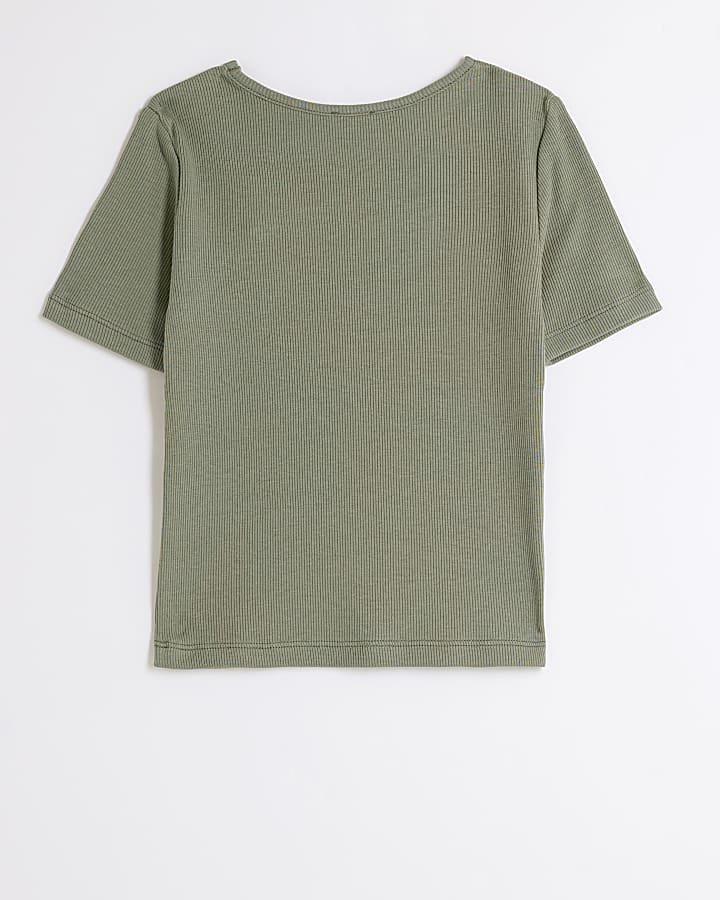 Girls Khaki Ribbed Cut Out T-Shirt