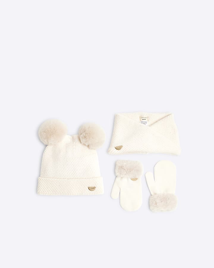 Mini Girls Cream Hat Gloves And Scarf Set