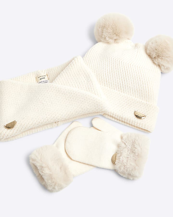 Mini Girls Cream Hat Gloves And Scarf Set