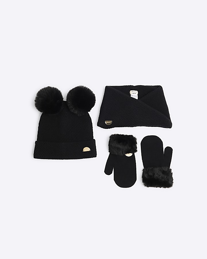 Mini Girls Black Mittens Beanie And Snood Set