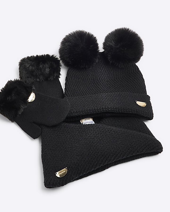 Mini Girls Black Mittens Beanie And Snood Set