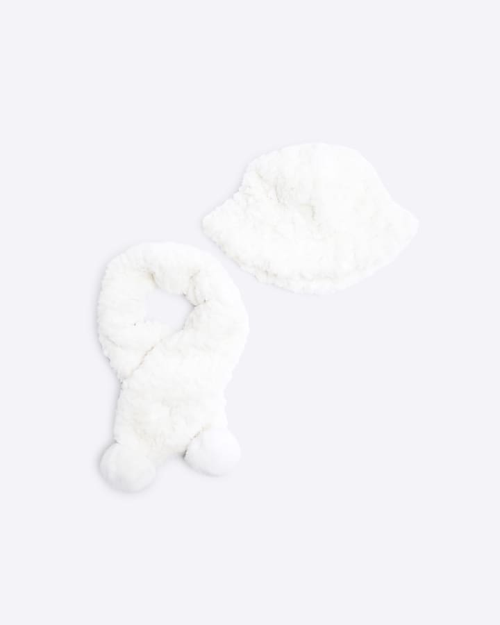 Mini Girls Cream Faux Fur Bucket Hat Set