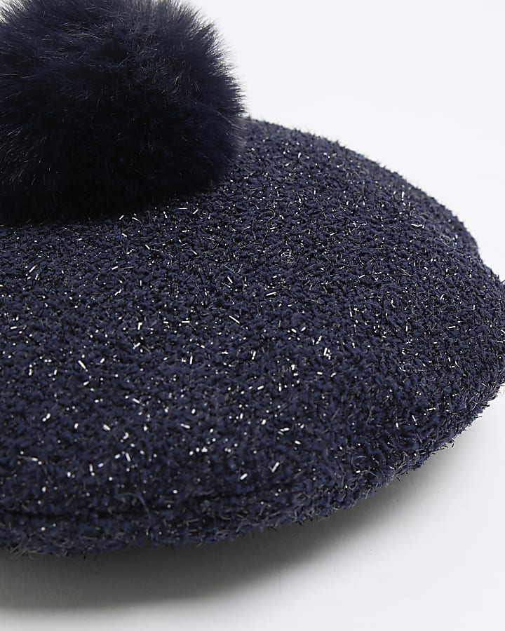 Mini Girls Navy Pom Pom Metallic Beret