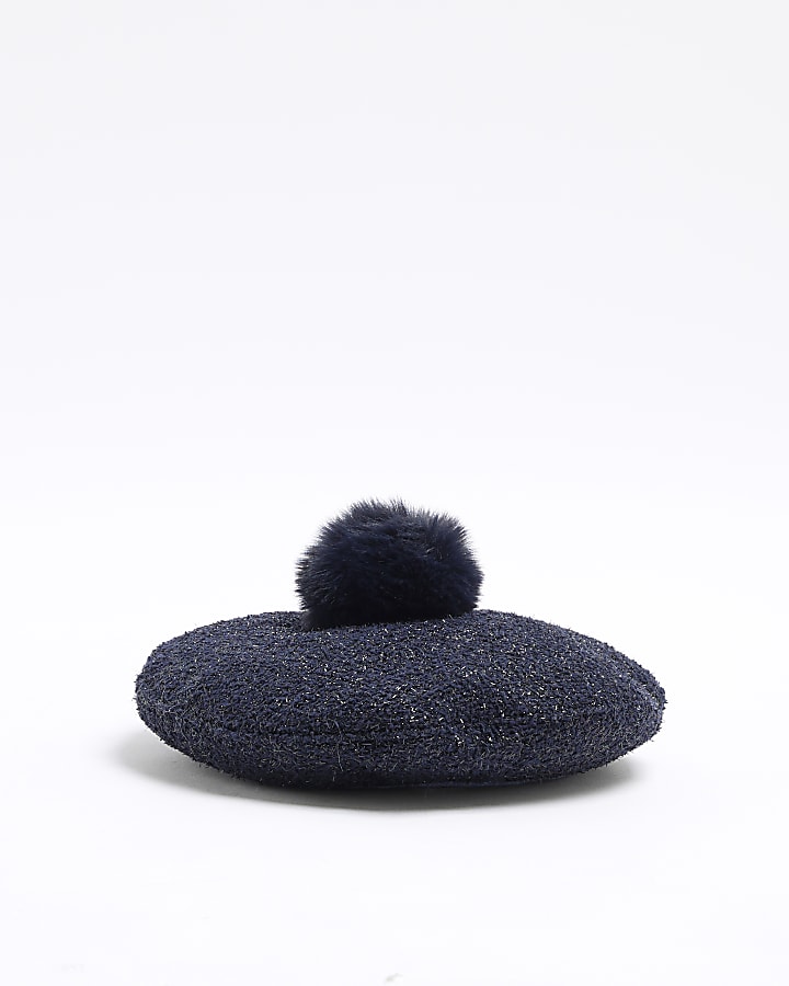 Mini Girls Navy Pom Pom Metallic Beret