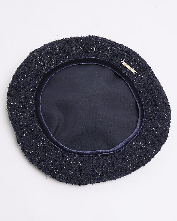 Mini Girls Navy Pom Pom Metallic Beret