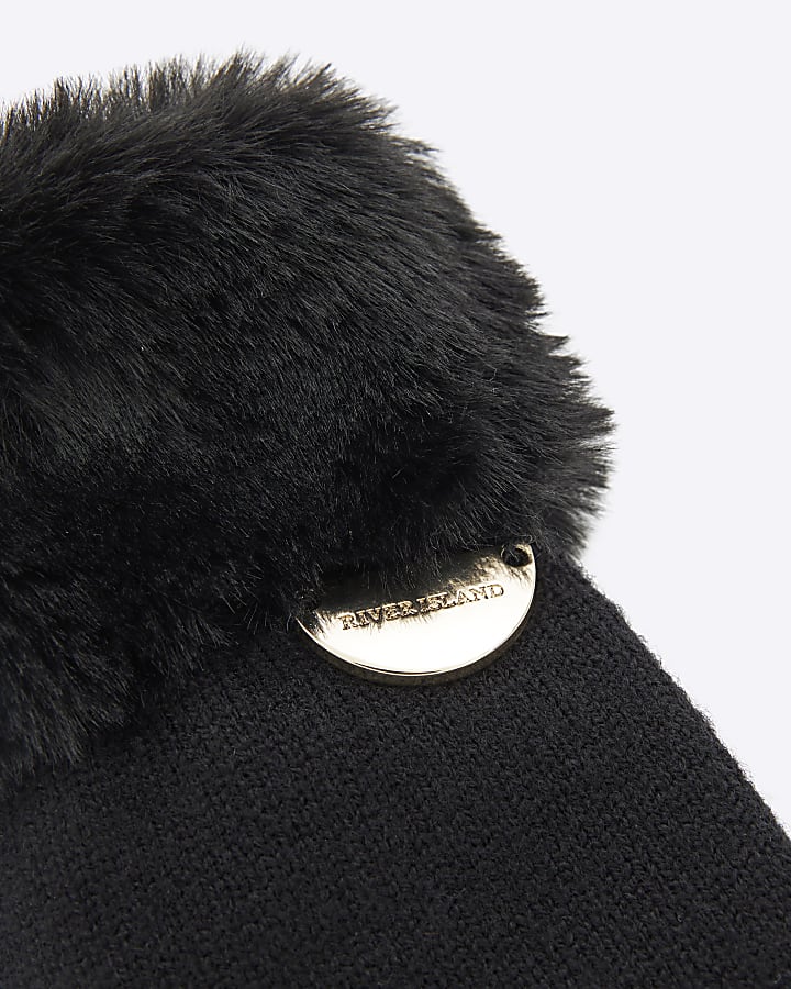 Mini Girls Black Faux Fur Cuff Mittens
