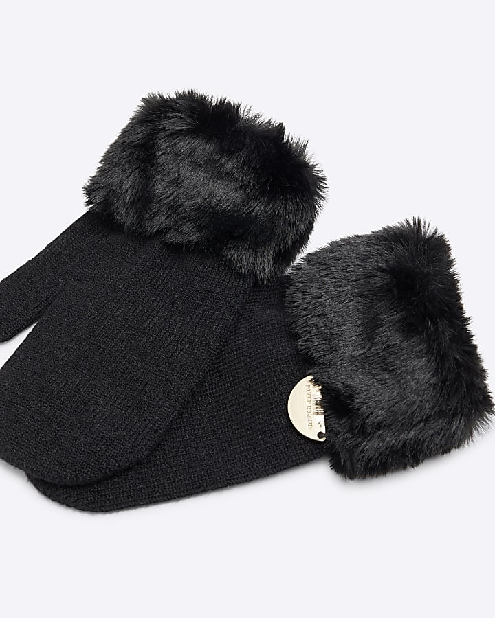 Mini Girls Black Faux Fur Cuff Mittens