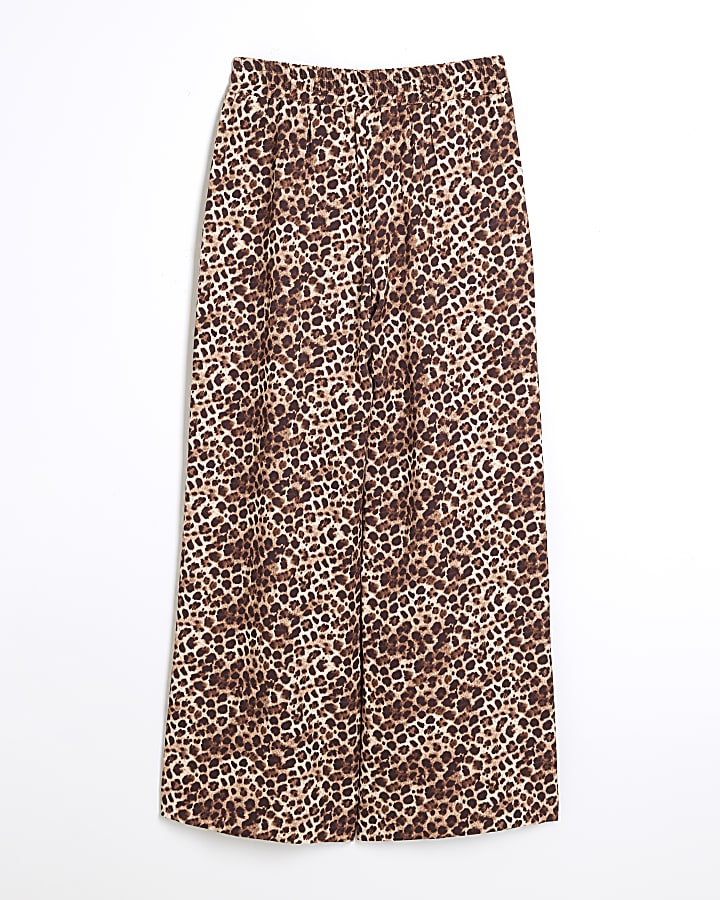 Girls beige leopard print wide leg trousers