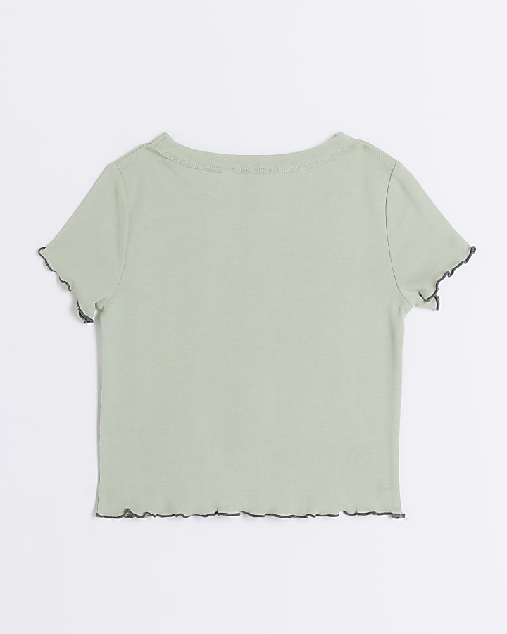 Girls Khaki Rose Print Frill Hem T-shirt