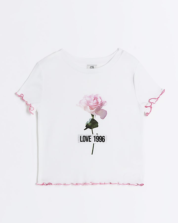 Girls White Rose Print Frill Hem T-shirt