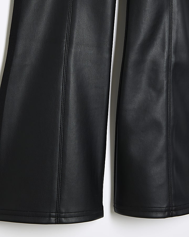 Girls Black Faux Leather Kickflare Trousers