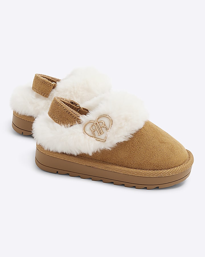 Mini Girls Brown Faux Fur Closed Toe Slippers