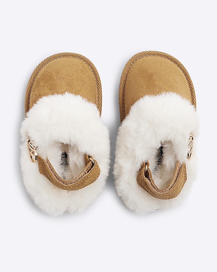 Mini Girls Brown Faux Fur Closed Toe Slippers