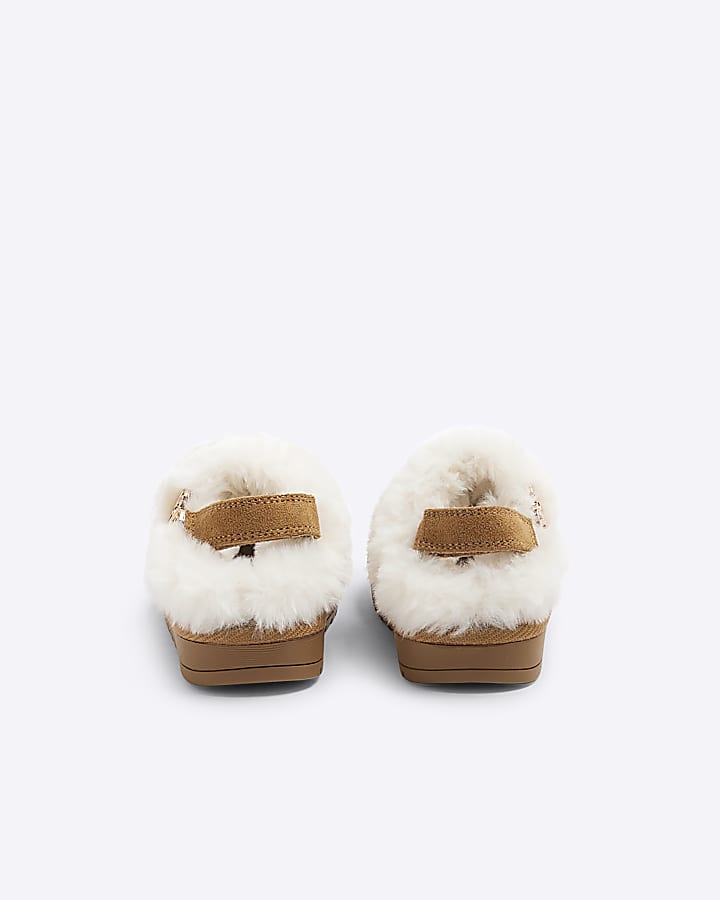 Mini Girls Brown Faux Fur Closed Toe Slippers