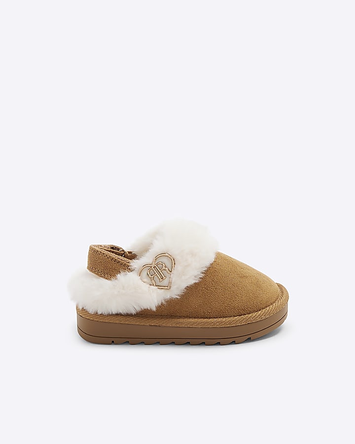 Mini Girls Brown Faux Fur Closed Toe Slippers