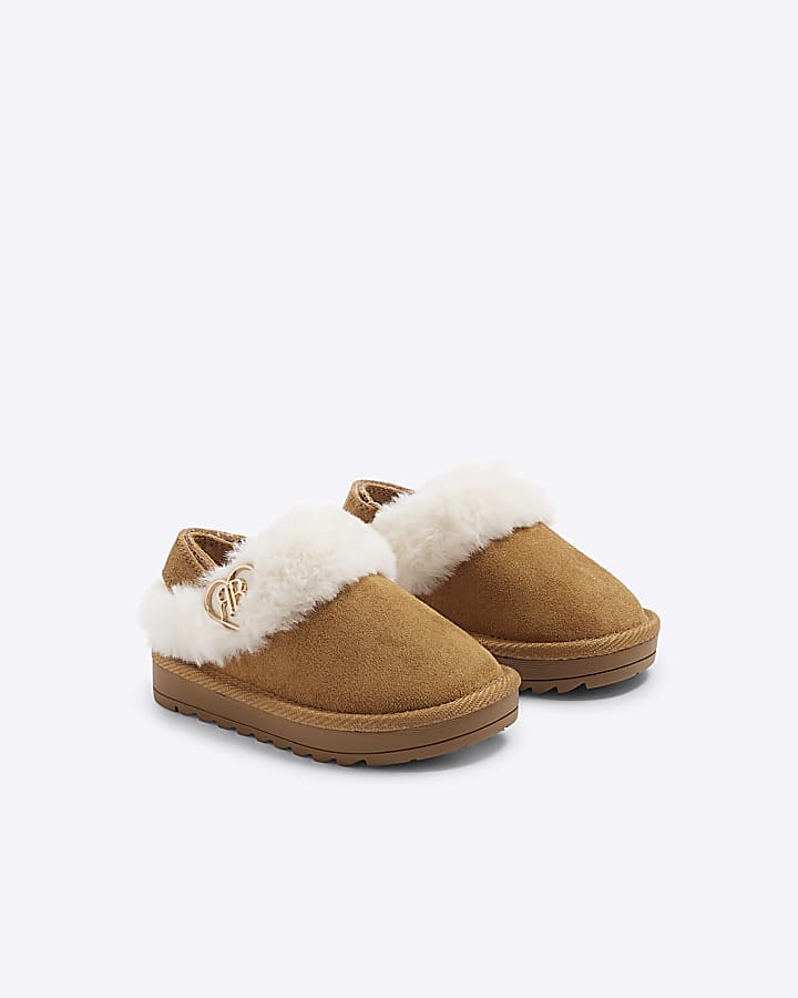 Mini Girls Brown Faux Fur Closed Toe Slippers