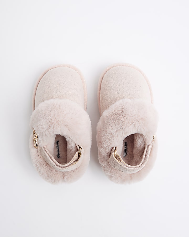 Mini Girls Pink Faux Fur Closed Toe Slippers