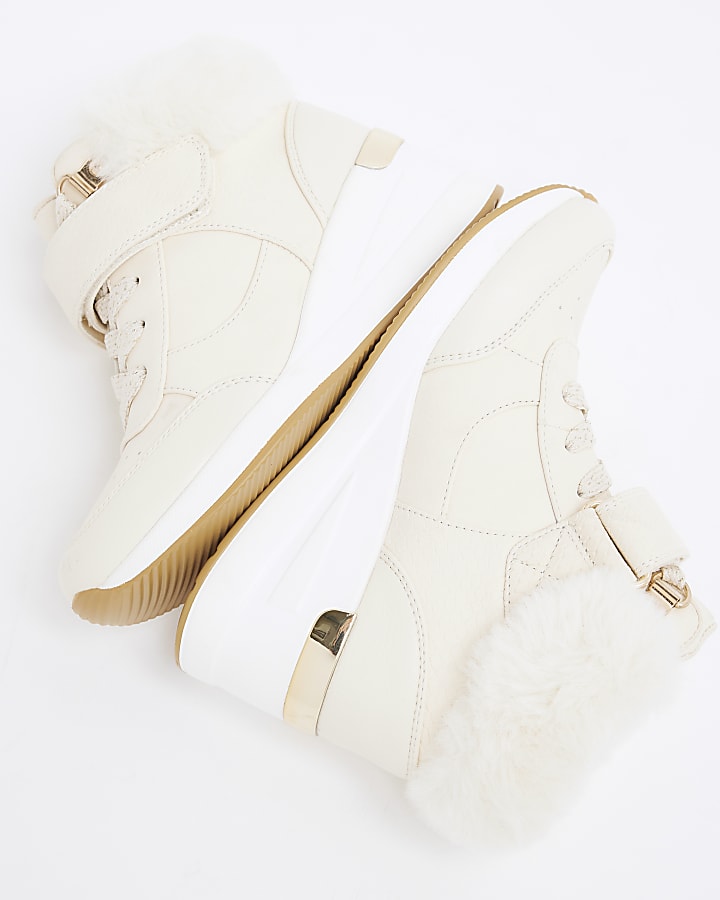 Girls Cream Faux Fur Velcro Wedge Trainers