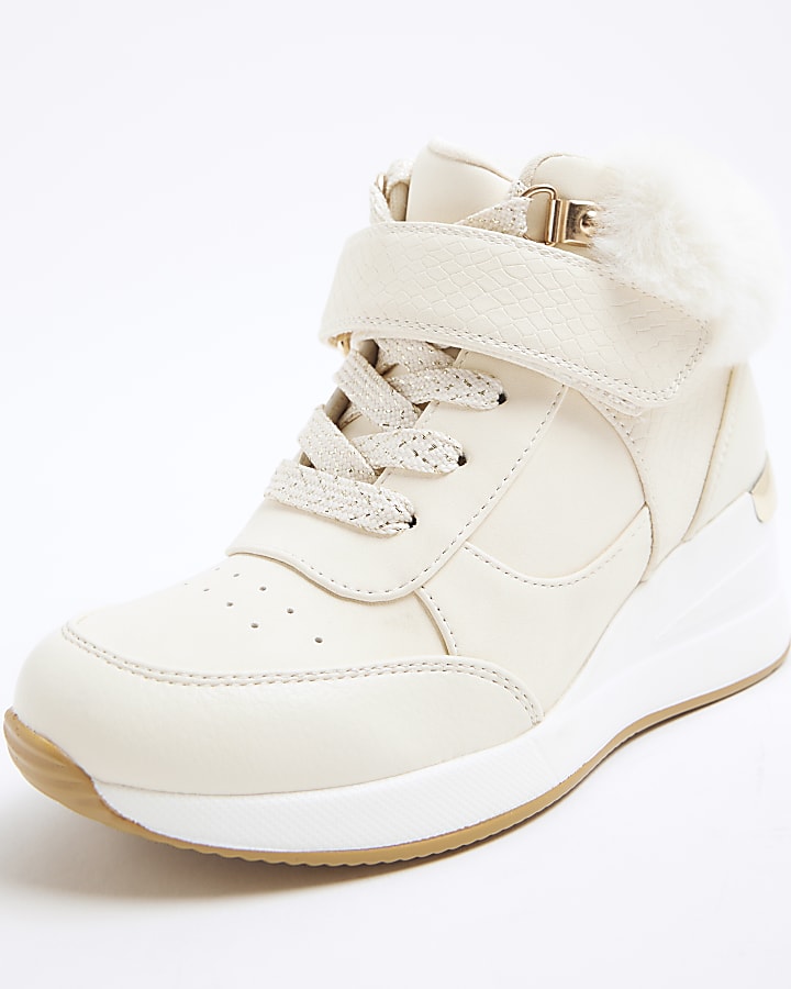 Girls Cream Faux Fur Velcro Wedge Trainers