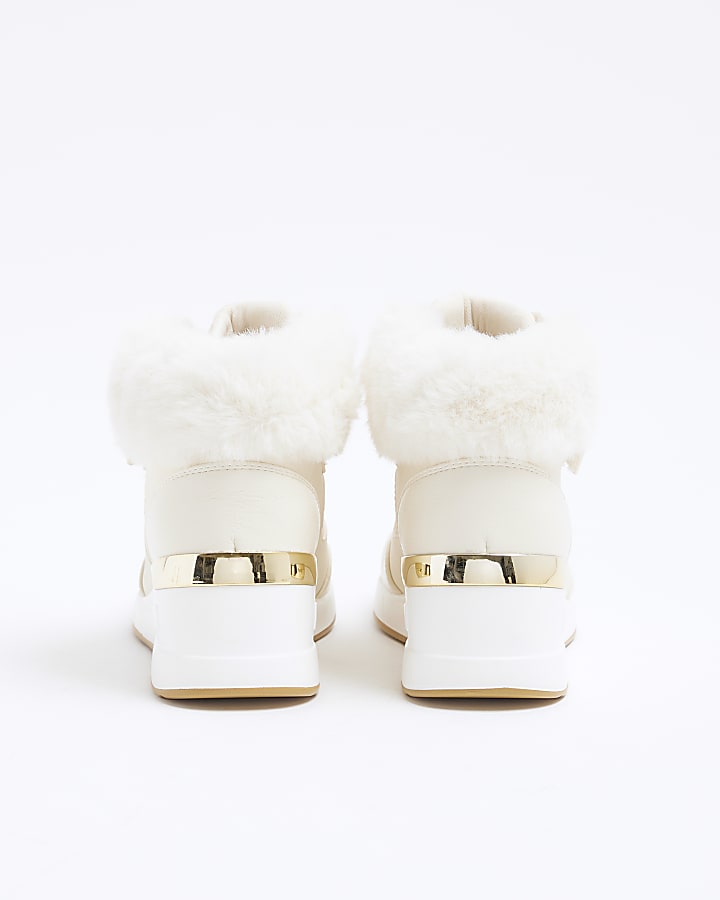 Girls Cream Faux Fur Velcro Wedge Trainers