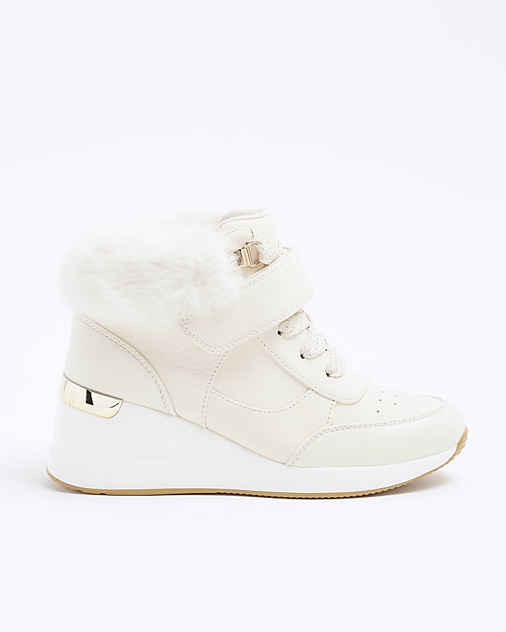 Girls Cream Faux Fur Velcro Wedge Trainers