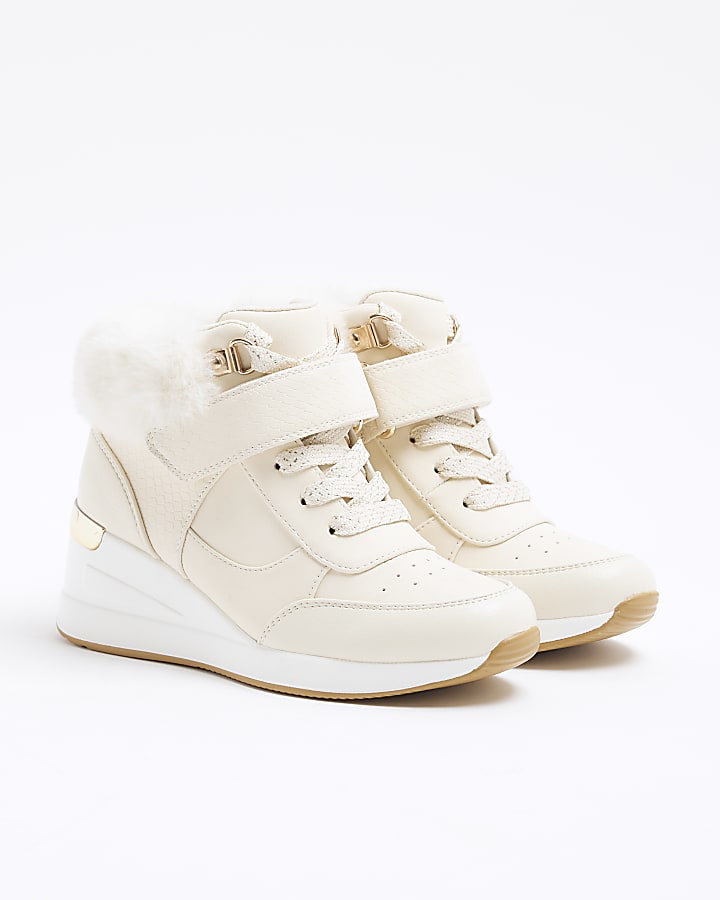 Girls Cream Faux Fur Velcro Wedge Trainers