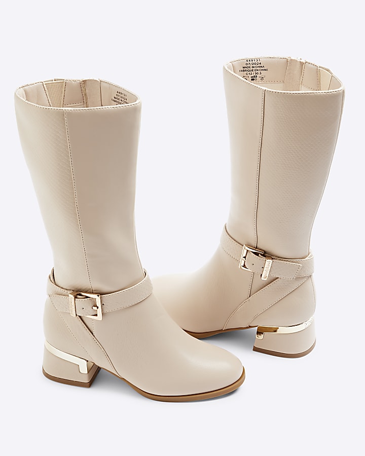 Girls Cream Heeled Knee High Boots