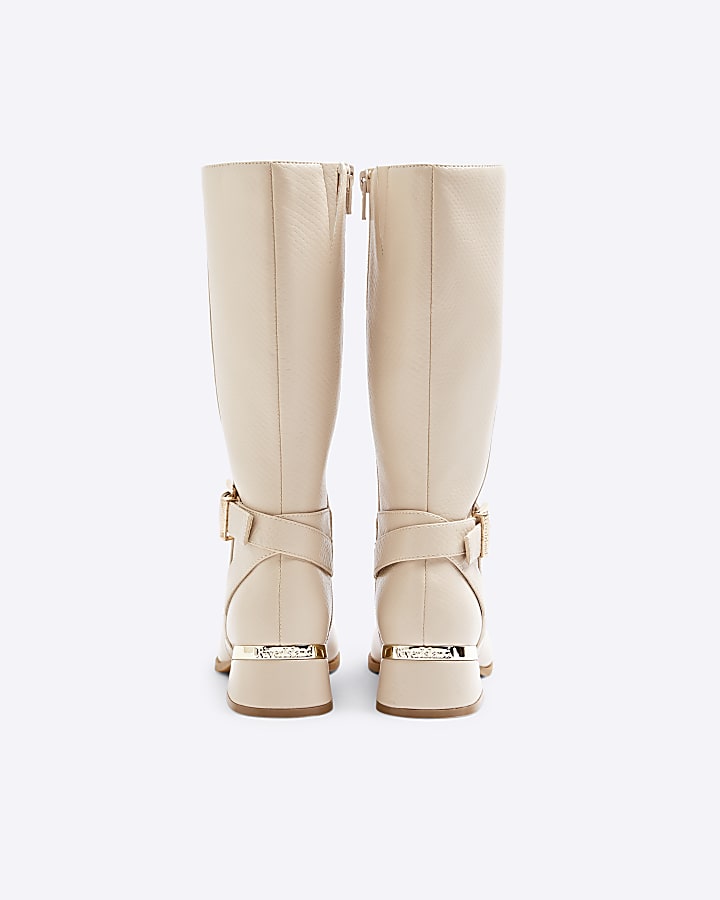 Girls Cream Heeled Knee High Boots