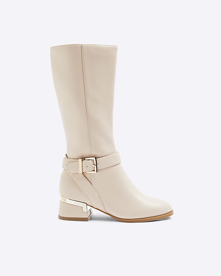 Girls Cream Heeled Knee High Boots River Island