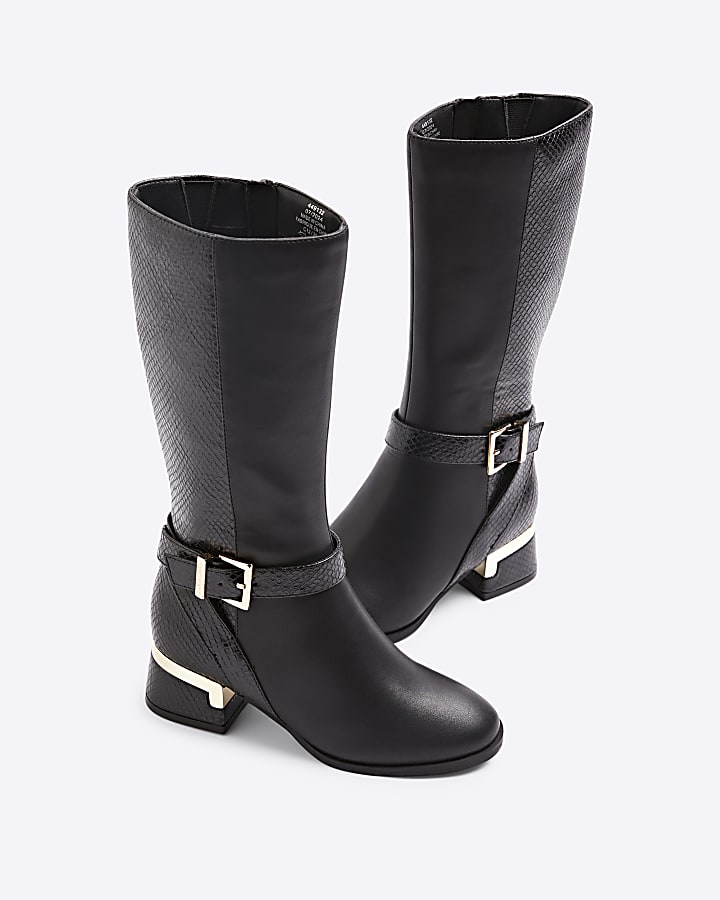 Girls Black Heeled Knee High Boots
